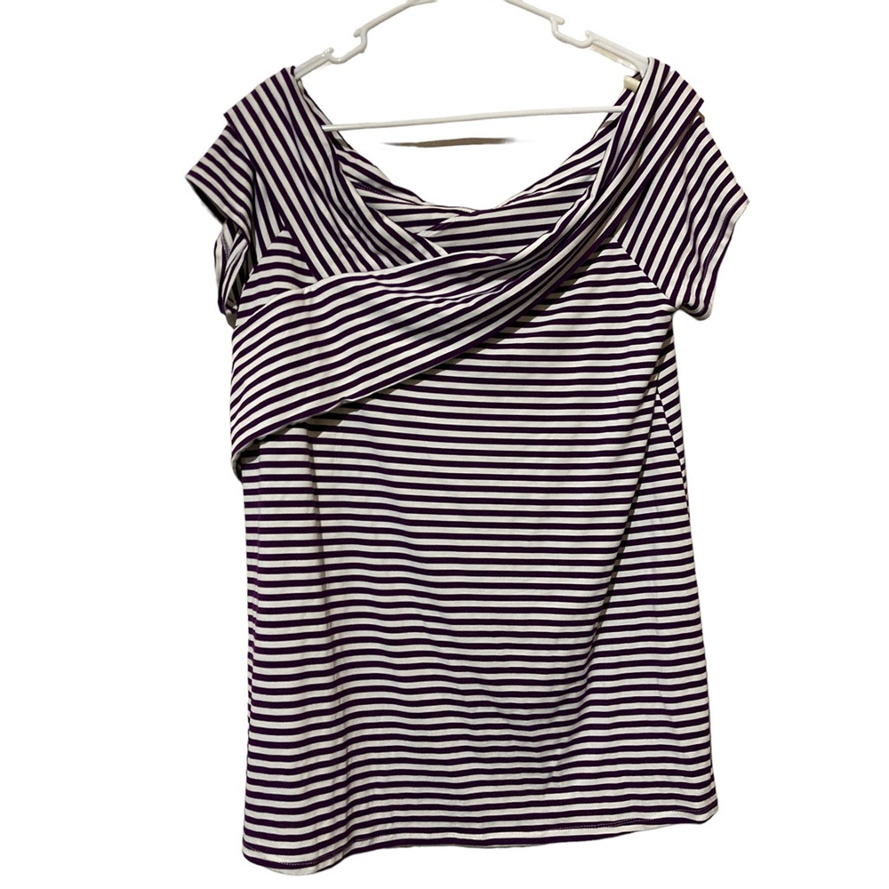 Weekend Suzanne Betro Womens Casual Top Purple Striped Short Sleeve Asymmetric L
